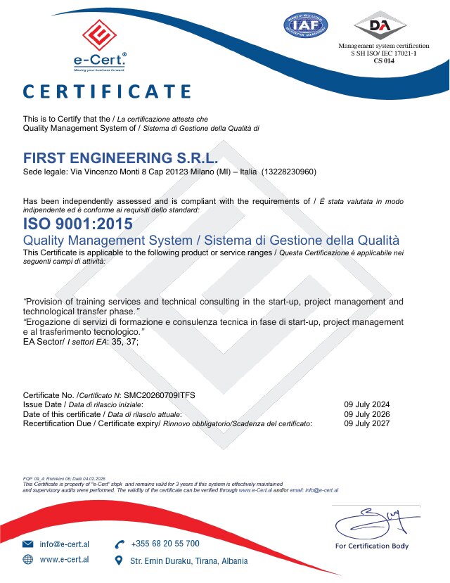 Certificato ISO 9001:2015 di First Engineering S.r.l.